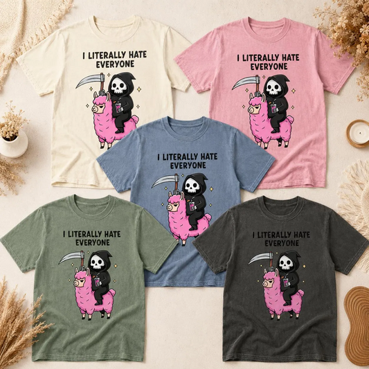 I Literally Hate Everyone Halloween Shirt – Grim Reaper & Pink Llama Tee