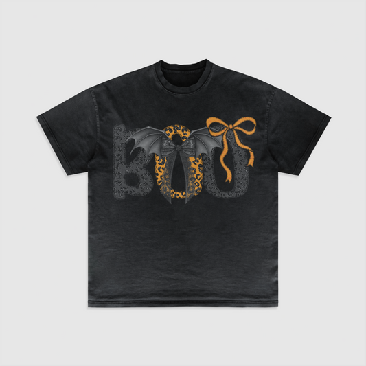 Black t-shirt with 'BOO' design featuring bats and a bow on a light gray background