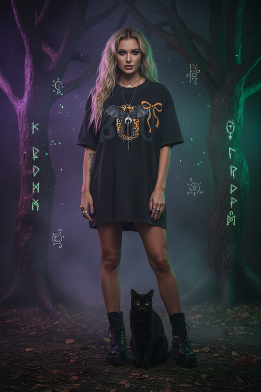 Black t-shirt with 'BOO' design featuring bats and a bow on a light gray background