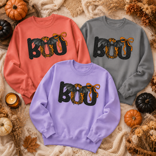 Halloween BOO Sweatshirt – Leopard Print & Bow Graphic Crewneck