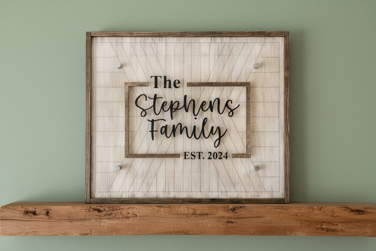 Wooden plaque with 'The Stephens Family EST. 2024' text on a wooden surface. All of our custom signs are one offs. We work directly with you to pick out the design that truly speaks to you!