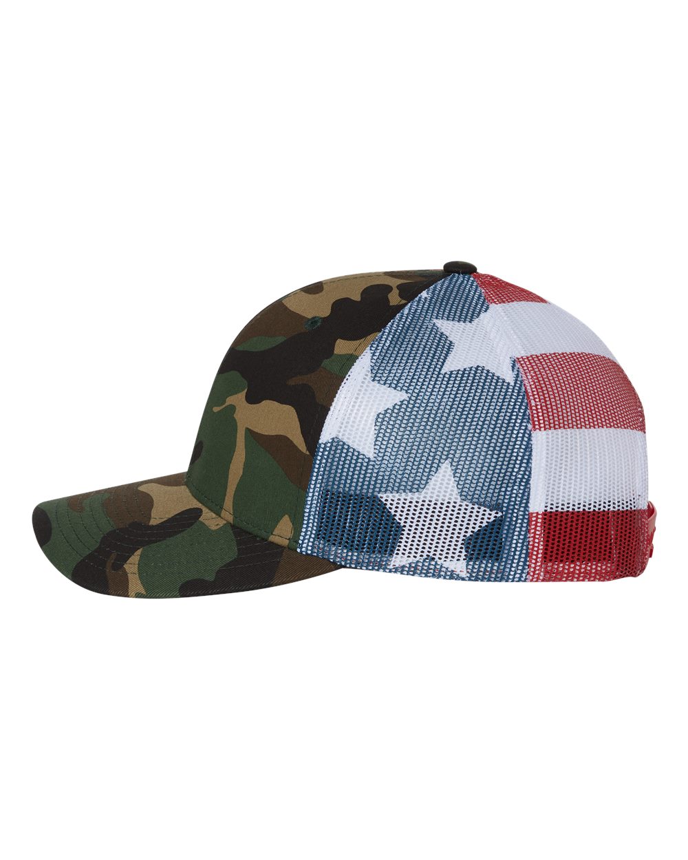 Two baseball caps, one camouflage and one with a star pattern, on a white background.