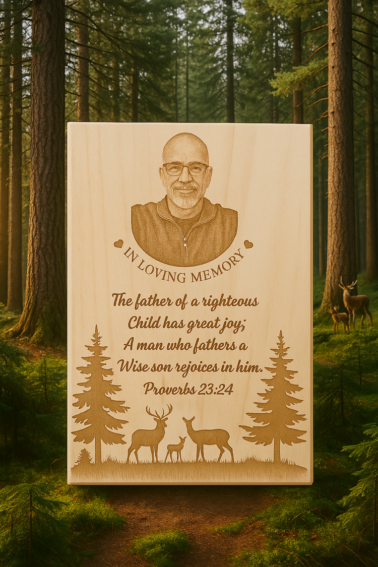 Memorial plaque with engraved text and illustrations of a man, trees, and deer in a forest setting.