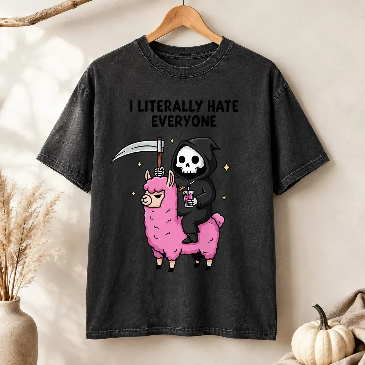 I Literally Hate Everyone Halloween Shirt – Grim Reaper & Pink Llama Tee