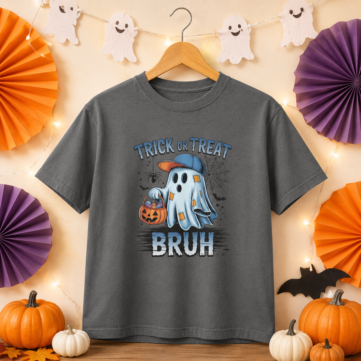 Kids Halloween T-Shirt | Trick or Treat Bruh Ghost Shirt | Funny Halloween Tee for Boys & Girls Ages 5-13