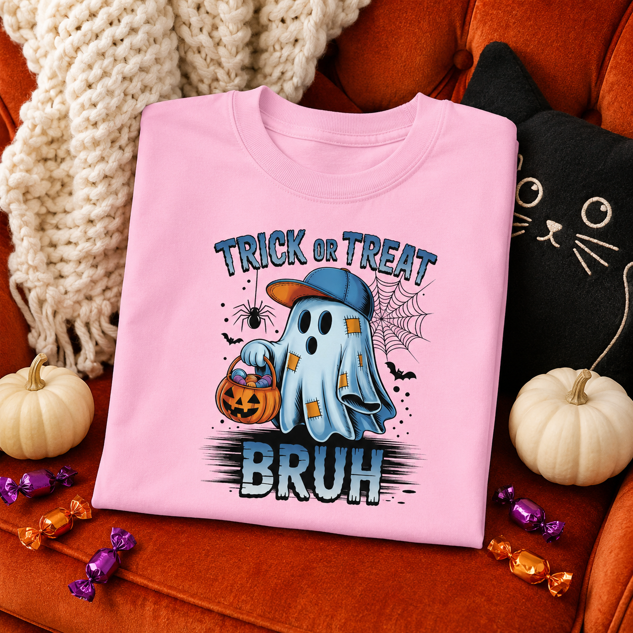 Kids Halloween T-Shirt | Trick or Treat Bruh Ghost Shirt | Funny Halloween Tee for Boys & Girls Ages 5-13