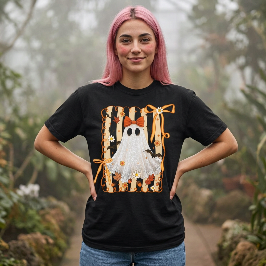 A woman with pink hair stands outdoors in a foggy garden setting wearing a black graphic t-shirt. The t-shirt features a Halloween-themed graphic of a white ghost with a black eye, a white flower, and an orange bow on a striped background.
