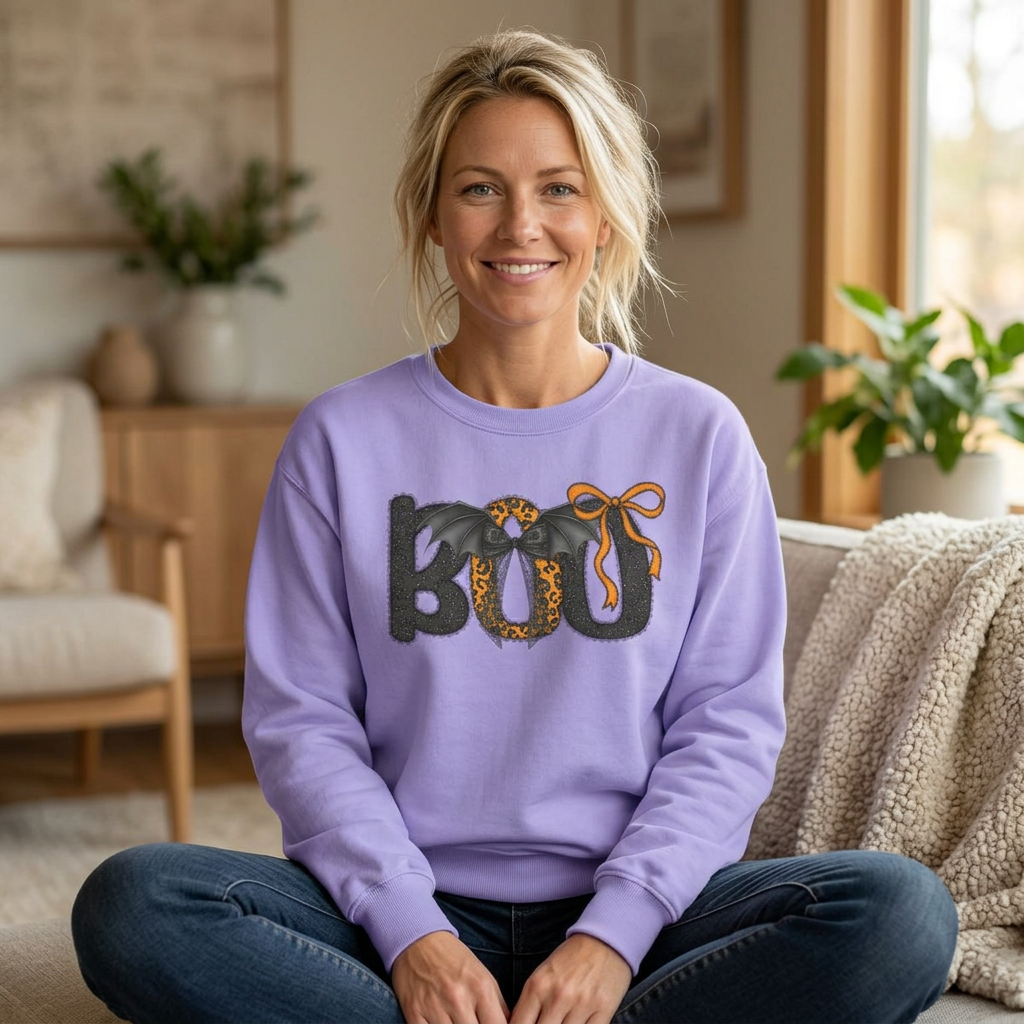 Halloween BOO Sweatshirt – Leopard Print & Bow Graphic Crewneck