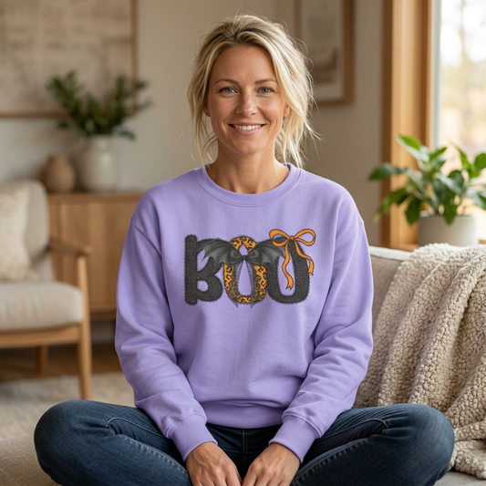 Halloween BOO Sweatshirt – Leopard Print & Bow Graphic Crewneck