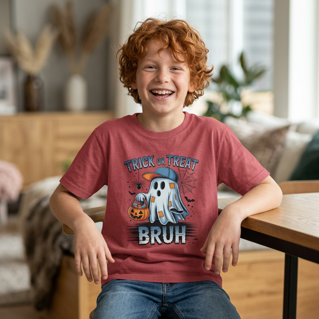 Kids Halloween T-Shirt | Trick or Treat Bruh Ghost Shirt | Funny Halloween Tee for Boys & Girls Ages 5-13