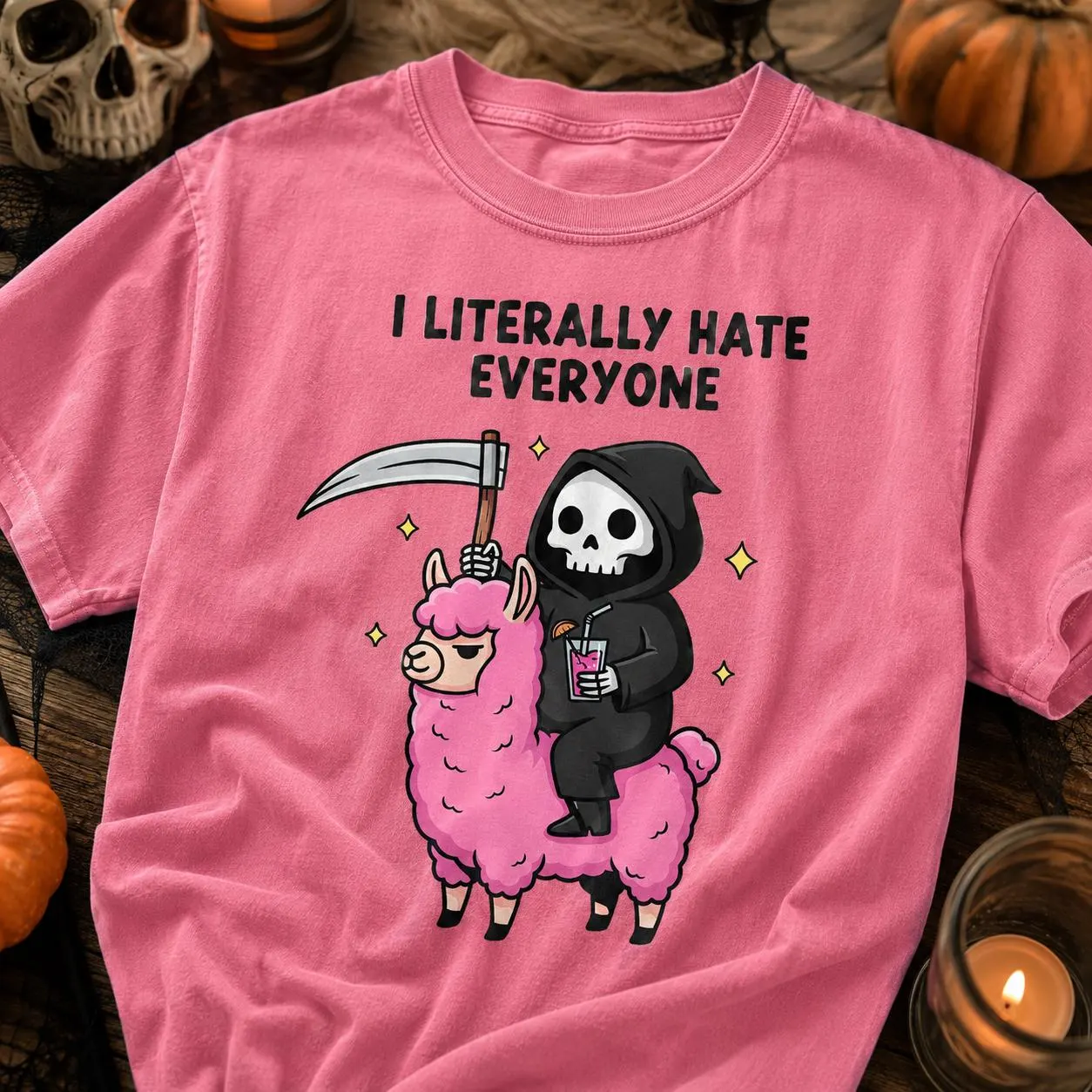I Literally Hate Everyone Halloween Shirt – Grim Reaper & Pink Llama Tee