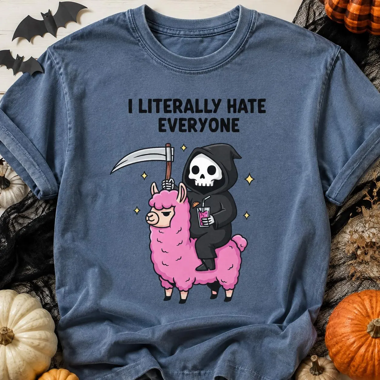 I Literally Hate Everyone Halloween Shirt – Grim Reaper & Pink Llama Tee