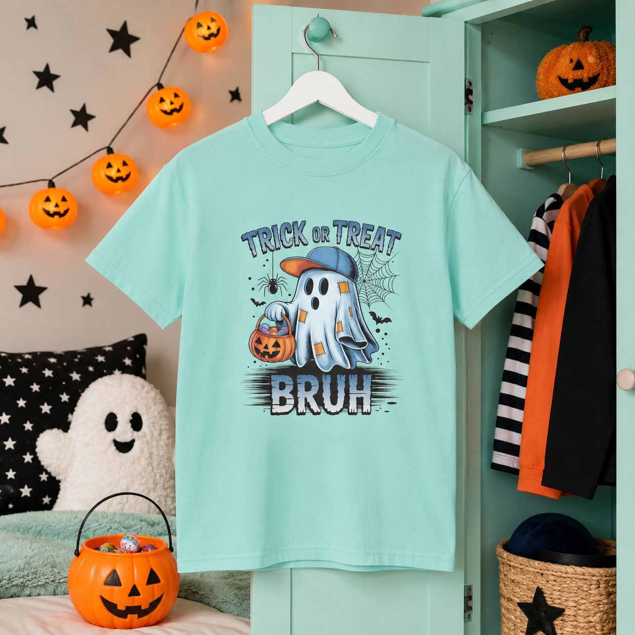 Kids Halloween T-Shirt | Trick or Treat Bruh Ghost Shirt | Funny Halloween Tee for Boys & Girls Ages 5-13