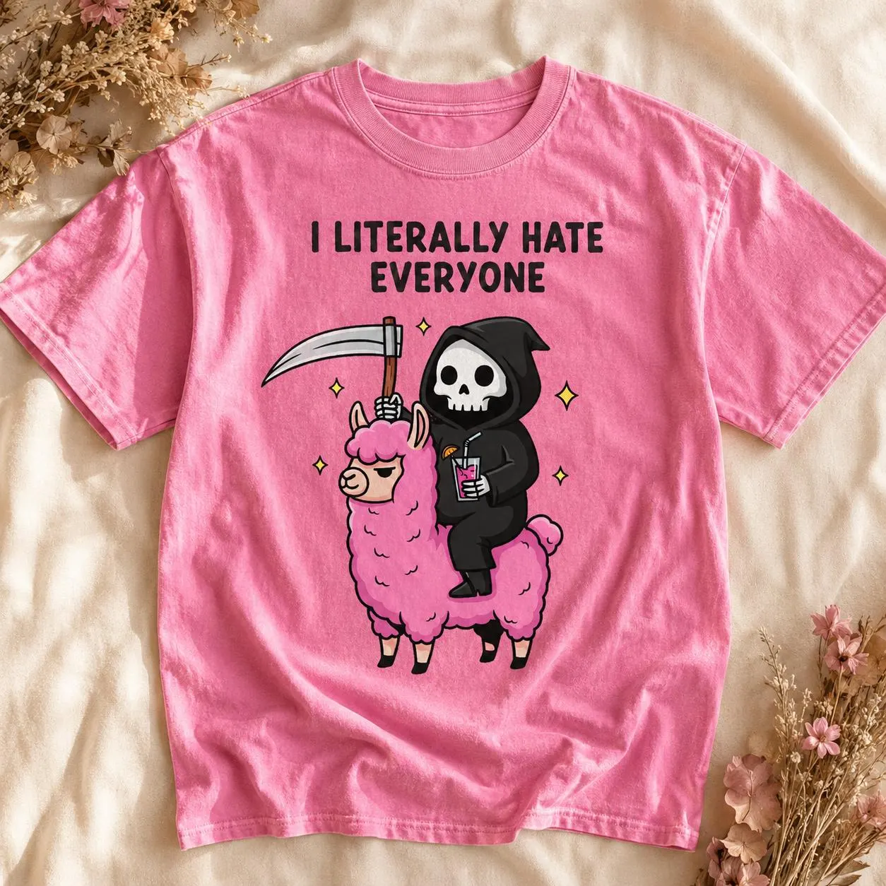 I Literally Hate Everyone Halloween Shirt – Grim Reaper & Pink Llama Tee