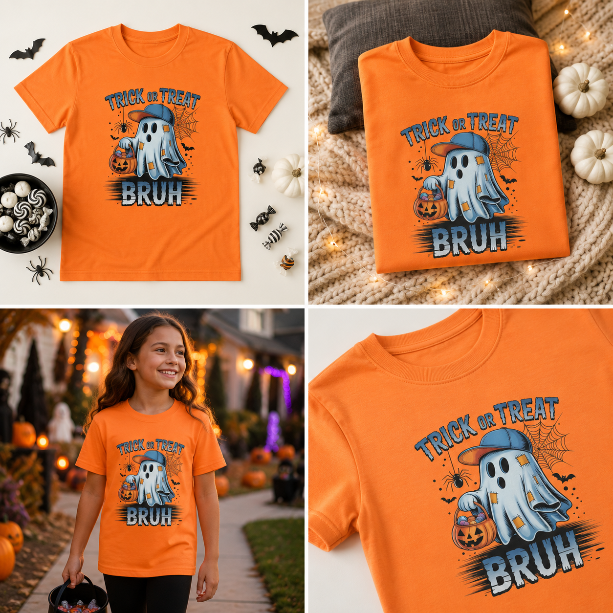 Kids Halloween T-Shirt | Trick or Treat Bruh Ghost Shirt | Funny Halloween Tee for Boys & Girls Ages 5-13
