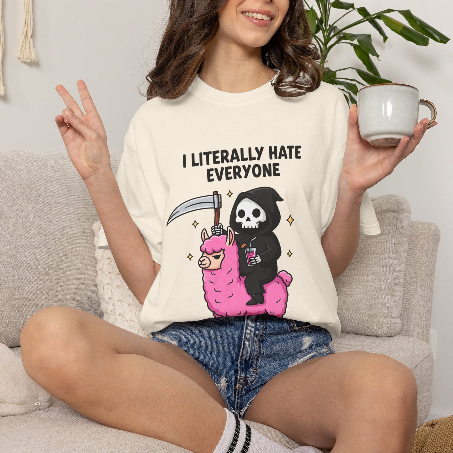 I Literally Hate Everyone Halloween Shirt – Grim Reaper & Pink Llama Tee