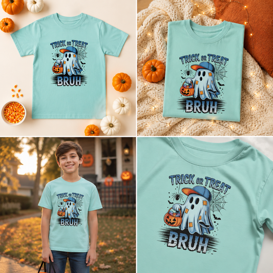 Kids Halloween T-Shirt | Trick or Treat Bruh Ghost Shirt | Funny Halloween Tee for Boys & Girls Ages 5-13