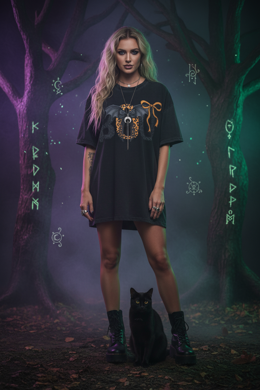 Black t-shirt with 'BOO' design featuring bats and a bow on a light gray background