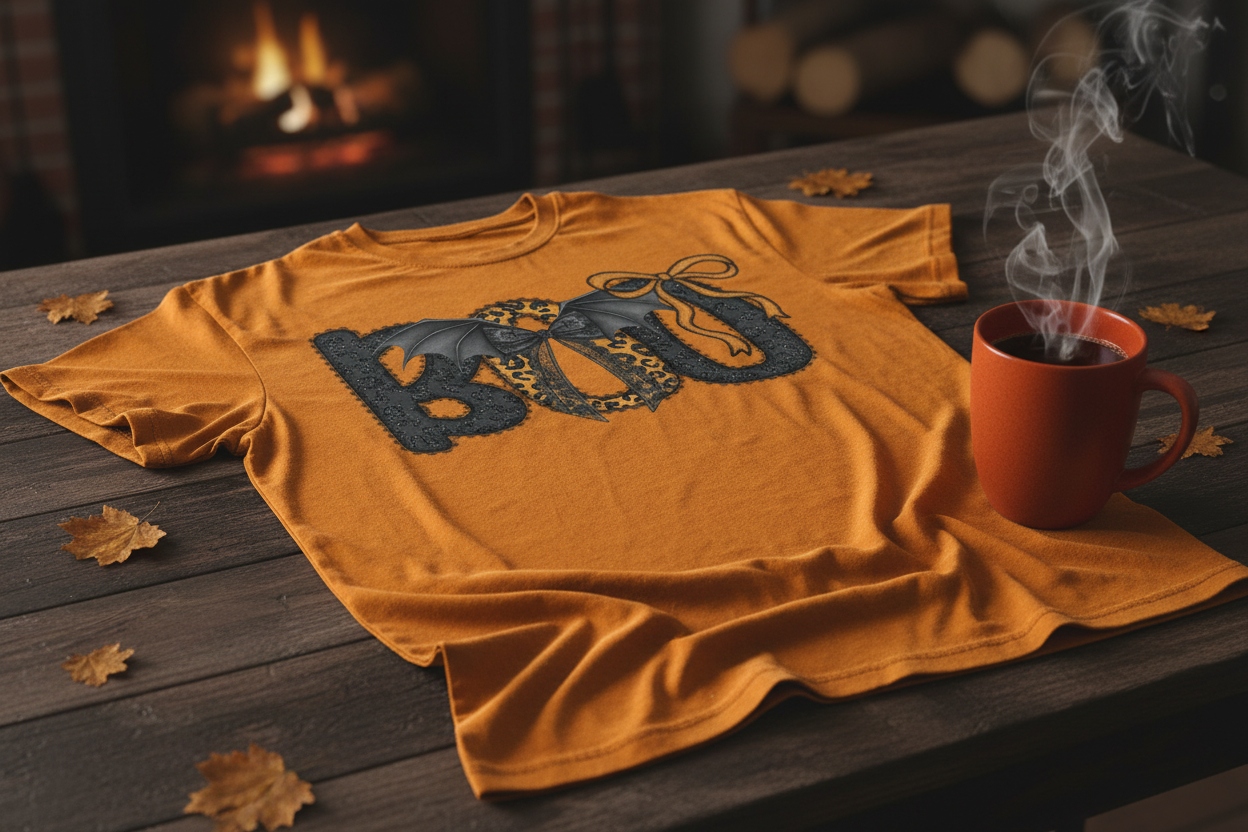 Orange t-shirt with decorative 'BOO' design on a light gray background