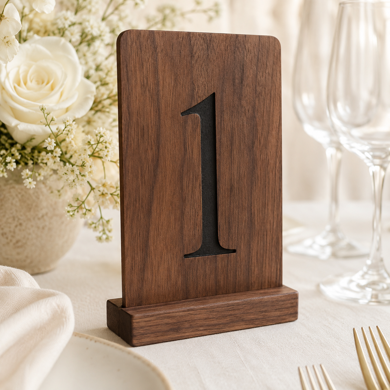 A wooden table number 1 sign with a black metal numeral insert, displayed on a styled dining table with white flowers, wine glasses, and tableware.