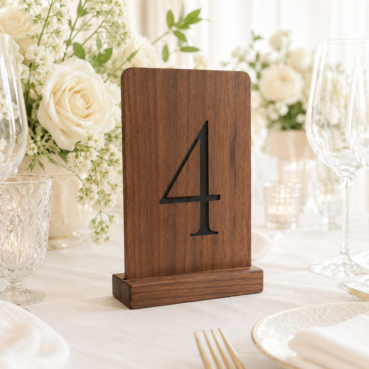 A wooden table number 4 sign with a black serif numeral, displayed on a white tablecloth in a wedding or event setting with flowers and glassware in the background.