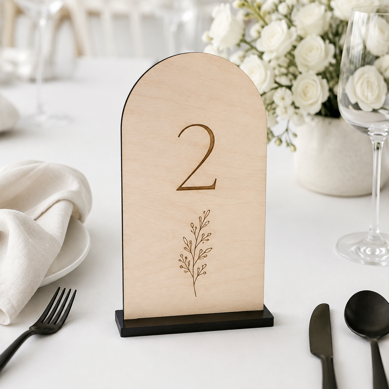 Natural Wood Arch Wedding Table Numbers with Black Stands