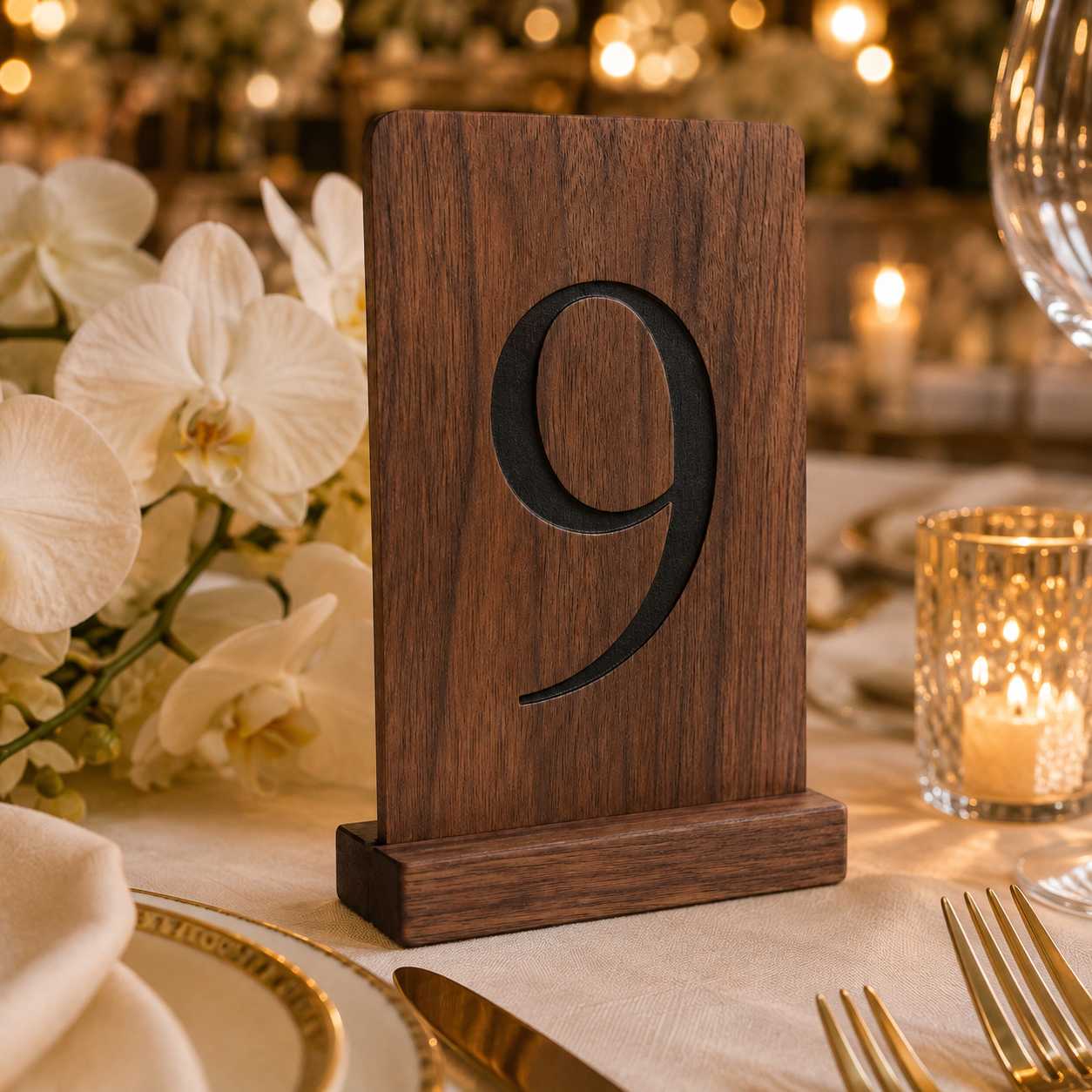 A dark brown wooden table number 9 stand on a table setting with white orchids, gold cutlery, and a warm lit candle in the background.