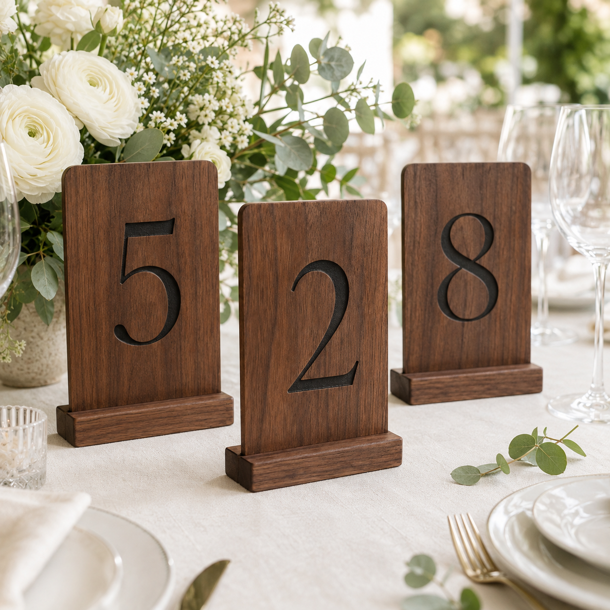 Three wooden table number stands displaying 5, 2, and 8 on a white tablecloth with floral centerpieces, glassware, and plates in a real event setting.