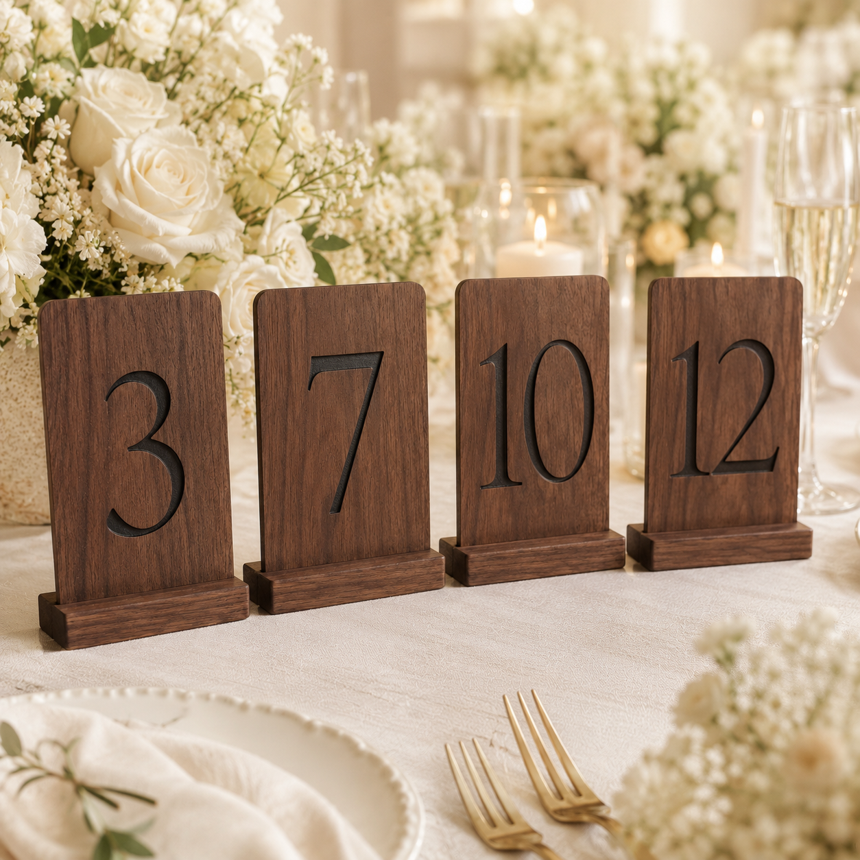Four rectangular wooden table number stands displaying the numbers 3, 7, 10, and 12, arranged on a white tablecloth in a wedding-style setting with floral arrangements, candles, and gold-toned cutlery.
