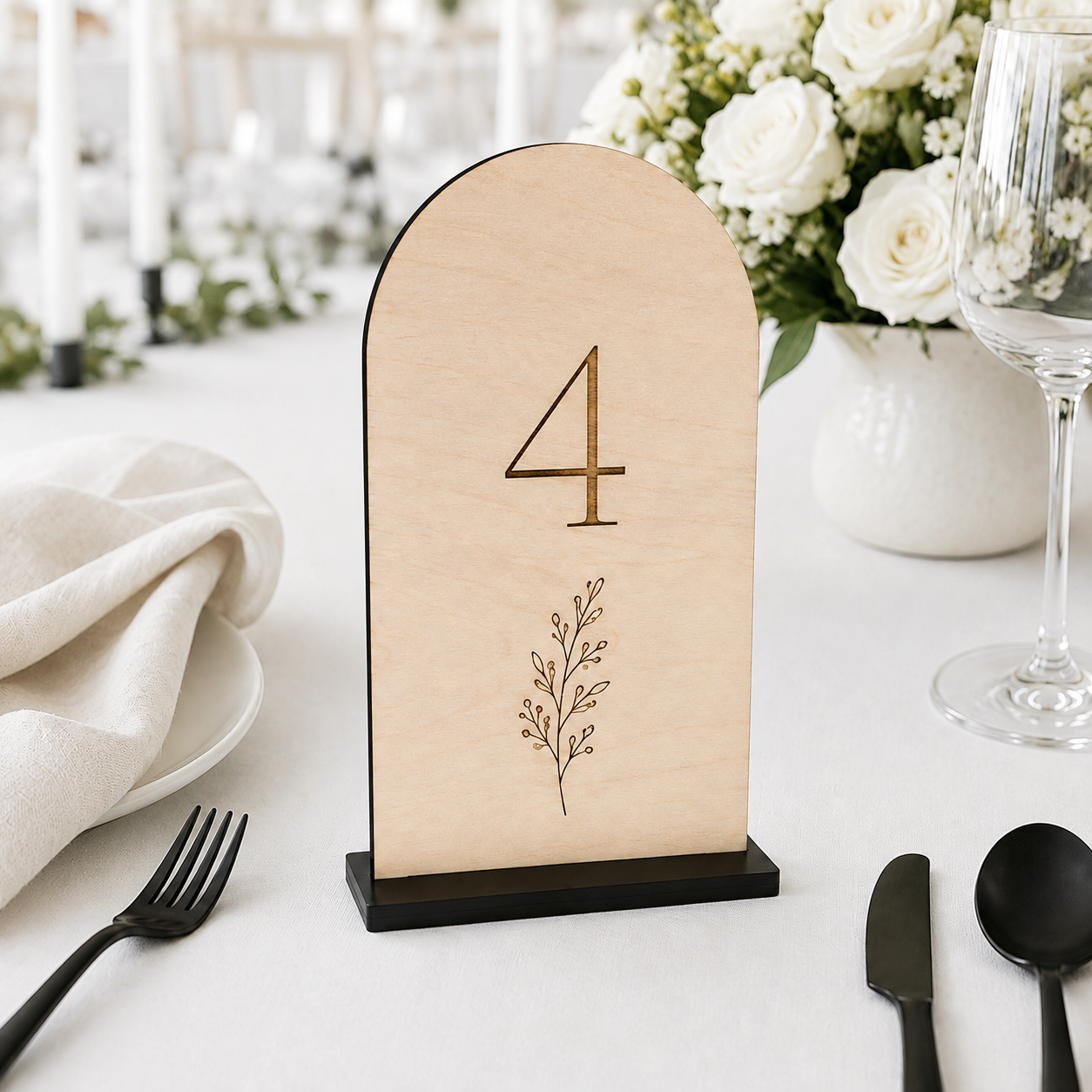 Natural Wood Arch Wedding Table Numbers with Black Stands