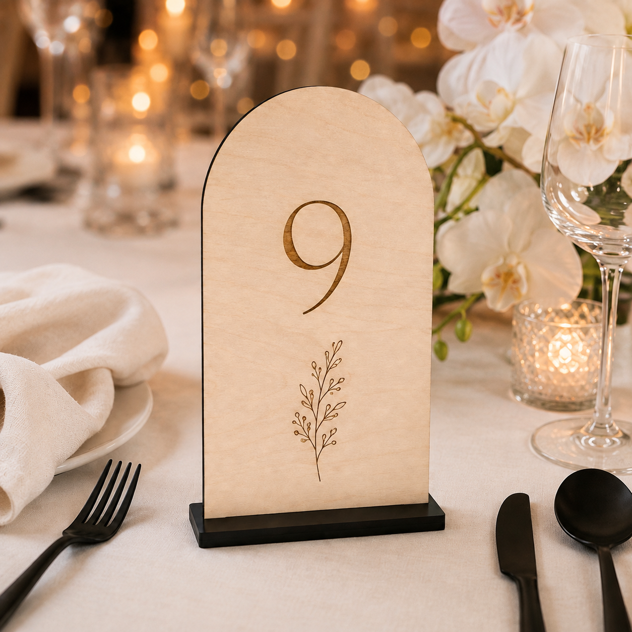 Natural Wood Arch Wedding Table Numbers with Black Stands
