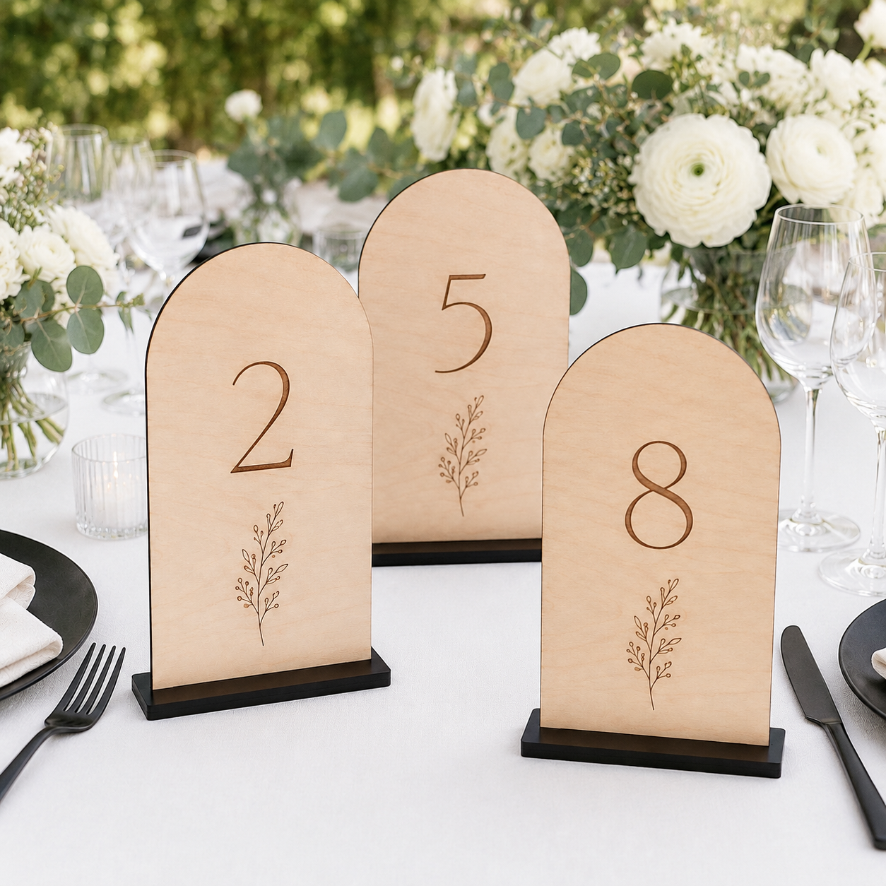 Natural Wood Arch Wedding Table Numbers with Black Stands
