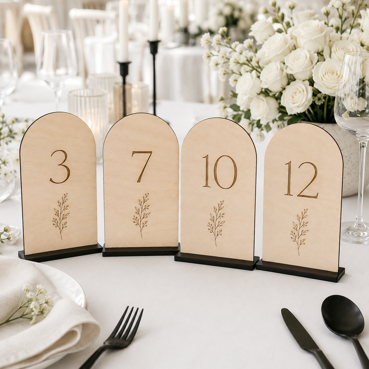 Natural Wood Arch Wedding Table Numbers with Black Stands
