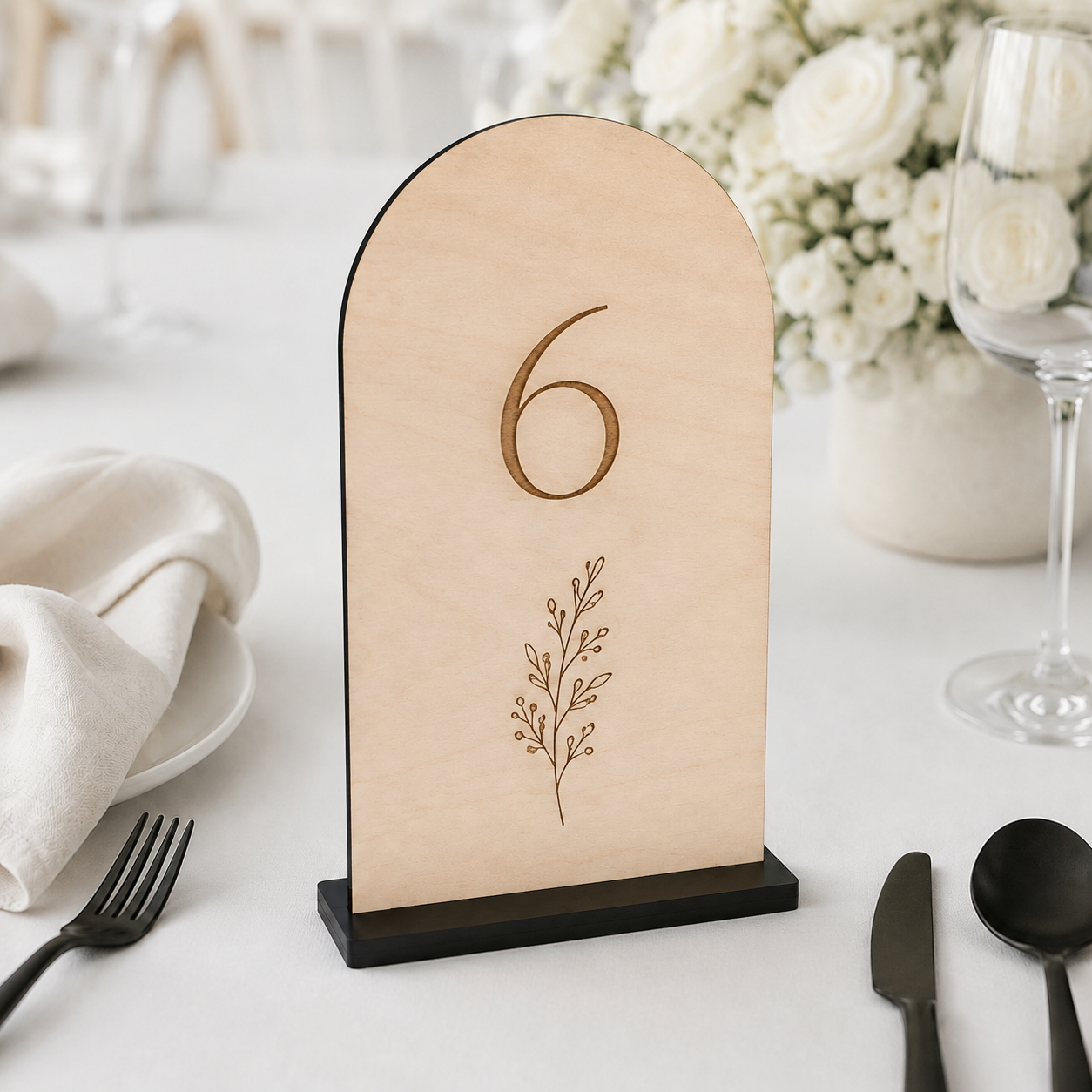 Natural Wood Arch Wedding Table Numbers with Black Stands