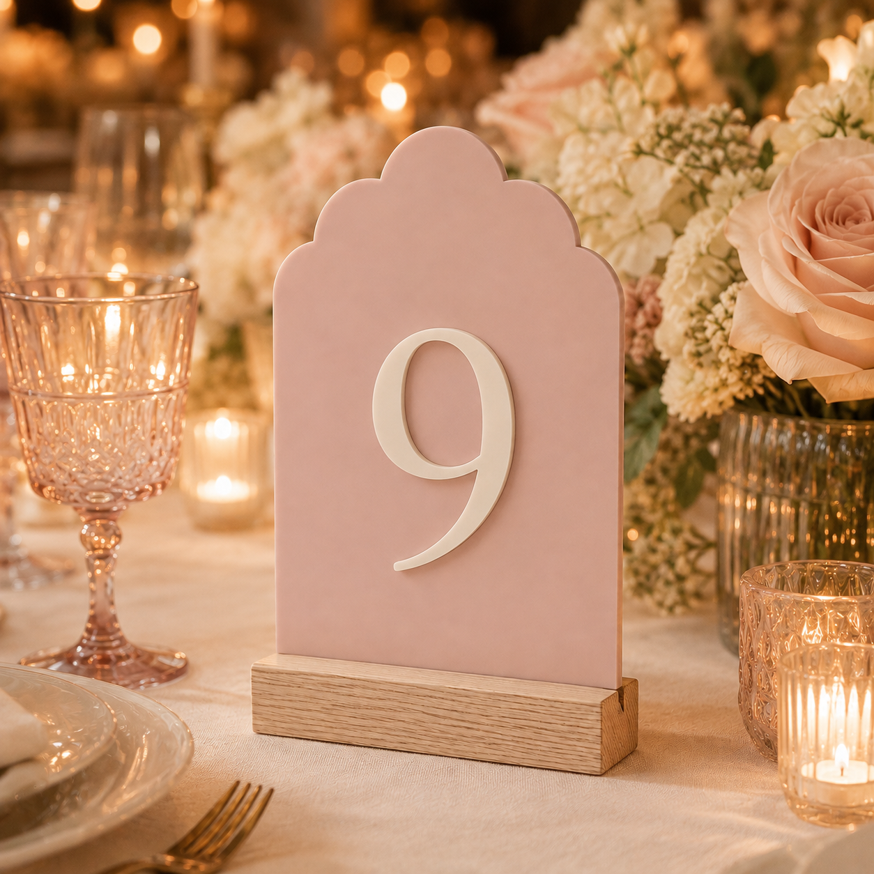 Signature Cloud Acrylic Wedding Table Numbers with Wood Stands
