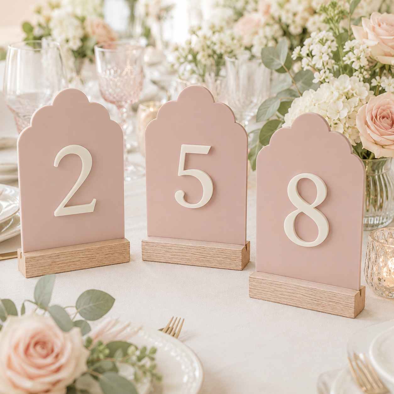 Signature Cloud Acrylic Wedding Table Numbers with Wood Stands