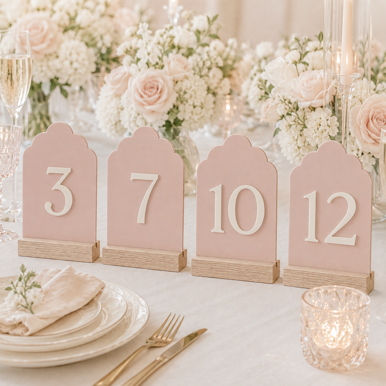 Signature Cloud Acrylic Wedding Table Numbers with Wood Stands
