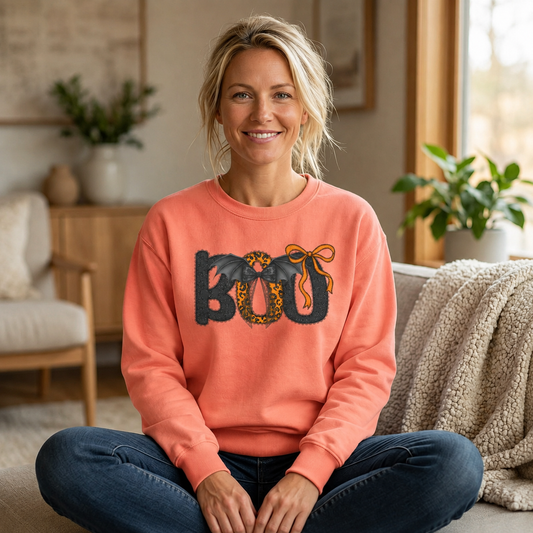 Halloween BOO Sweatshirt – Leopard Print & Bow Graphic Crewneck