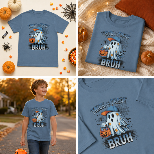 Kids Halloween T-Shirt | Trick or Treat Bruh Ghost Shirt | Funny Halloween Tee for Boys & Girls Ages 5-13