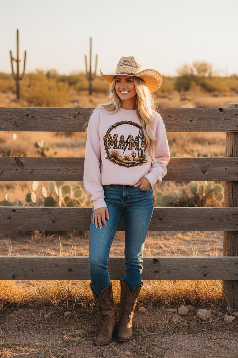 Mama Western Style Sweatshirt on Bella Canvas with DTF Magic Seal print