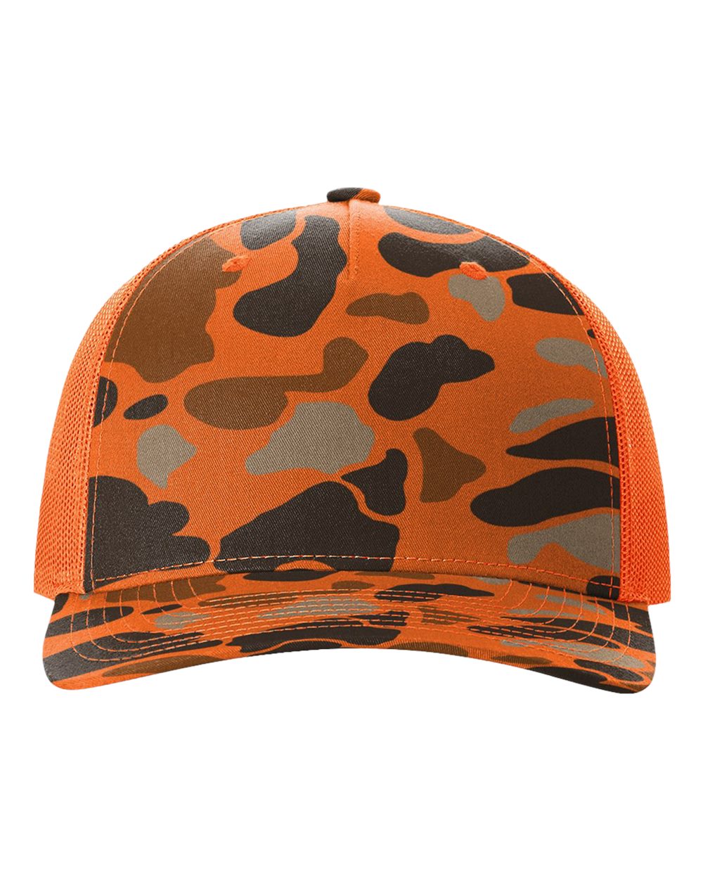Camouflage-patterned cap with orange mesh back on a white background