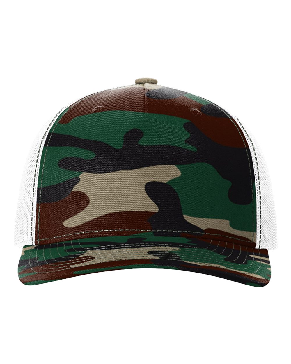 Camouflage baseball cap with a white mesh back on a white background