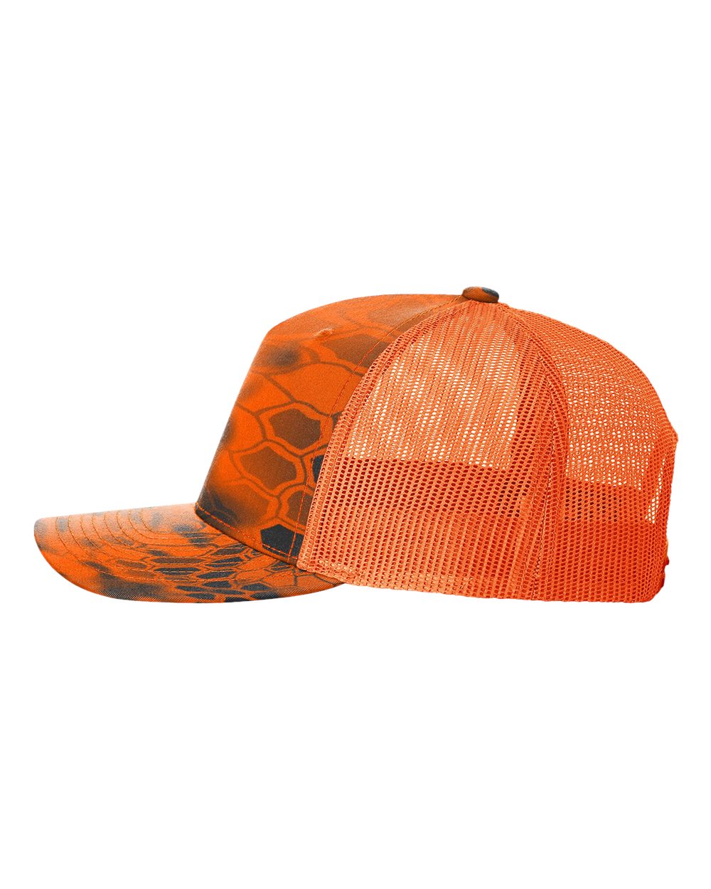 Orange mesh cap with camouflage pattern on a white background