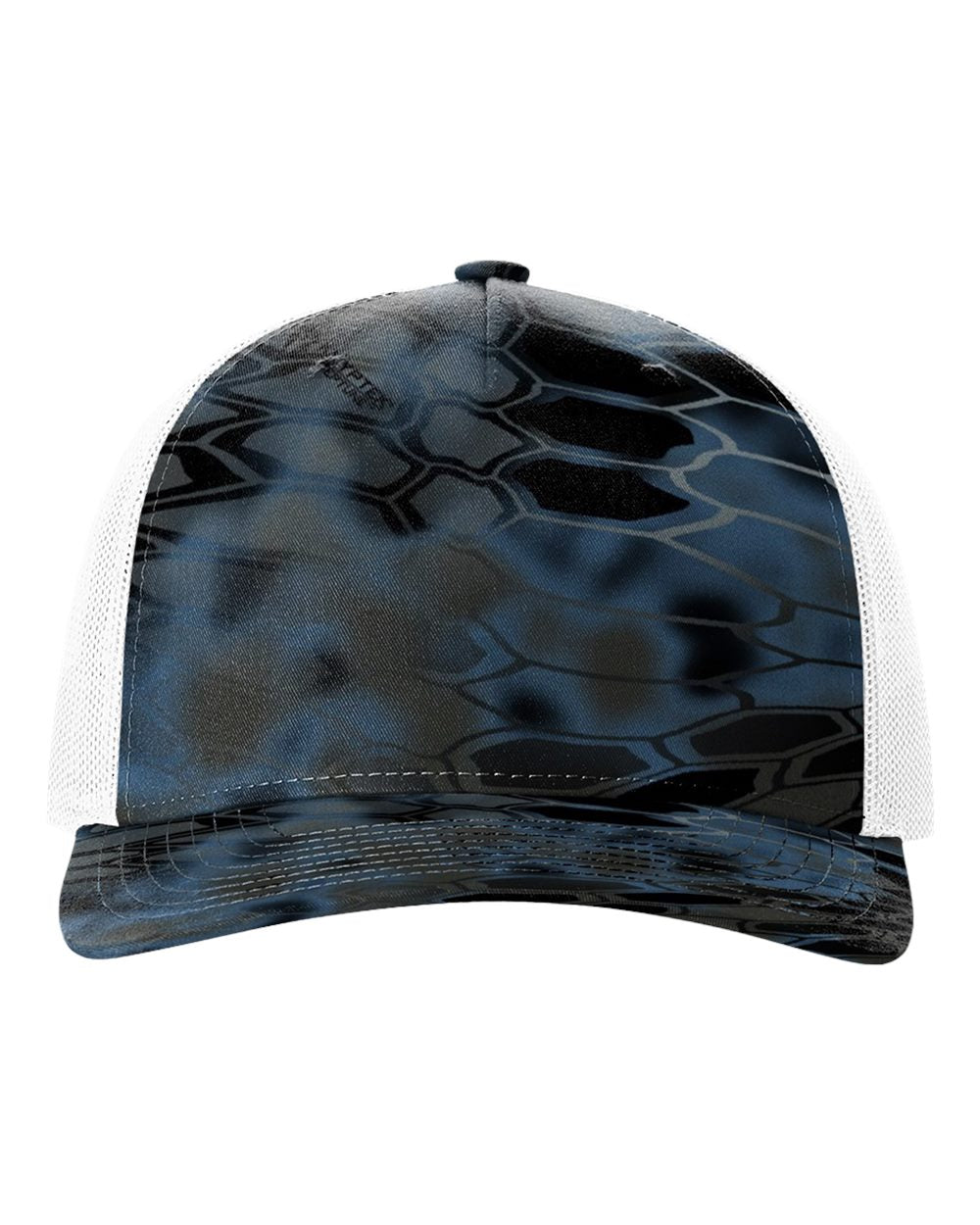 Black and blue camouflage cap with white mesh back on a white background