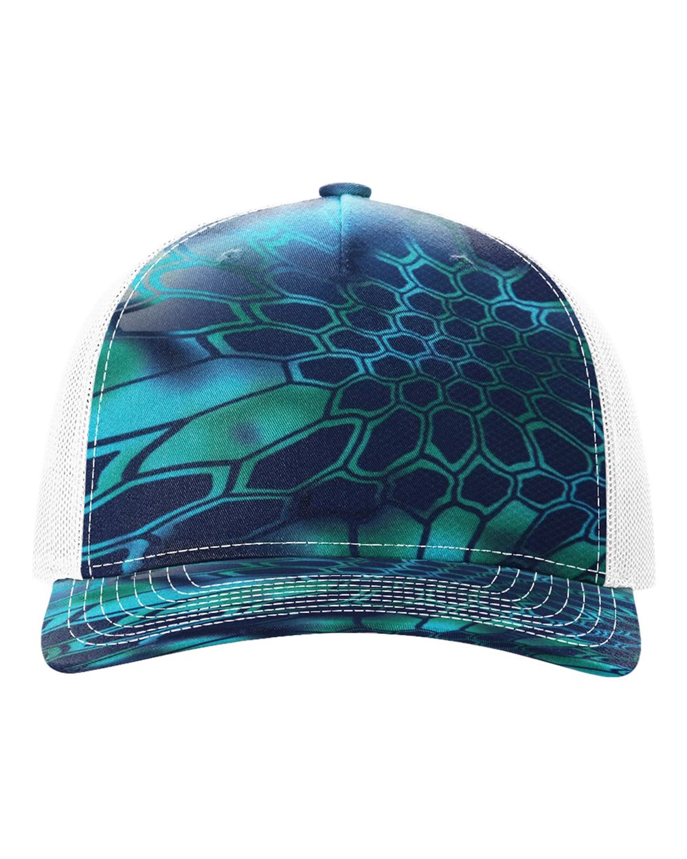 Cap with blue and green pattern on a white background