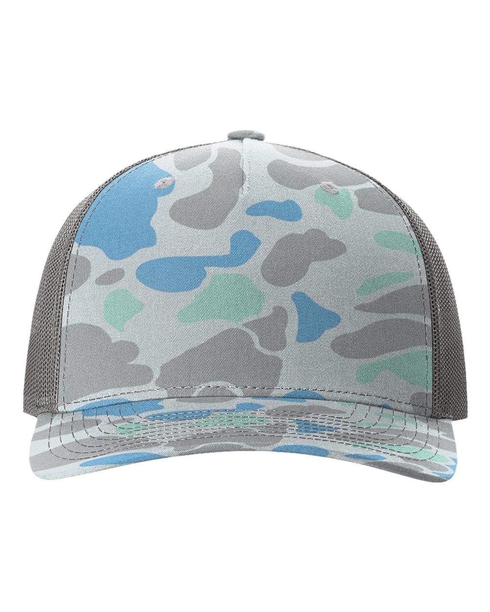 Camouflage-patterned cap with mesh back on a white background