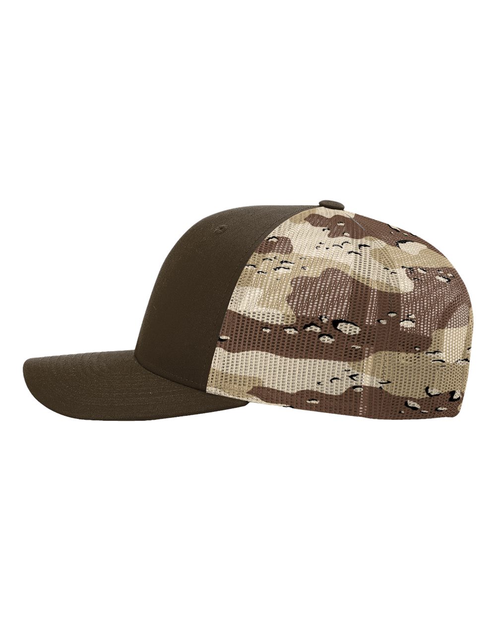 Two-tone cap with brown front and camouflage-patterned back on a white background
