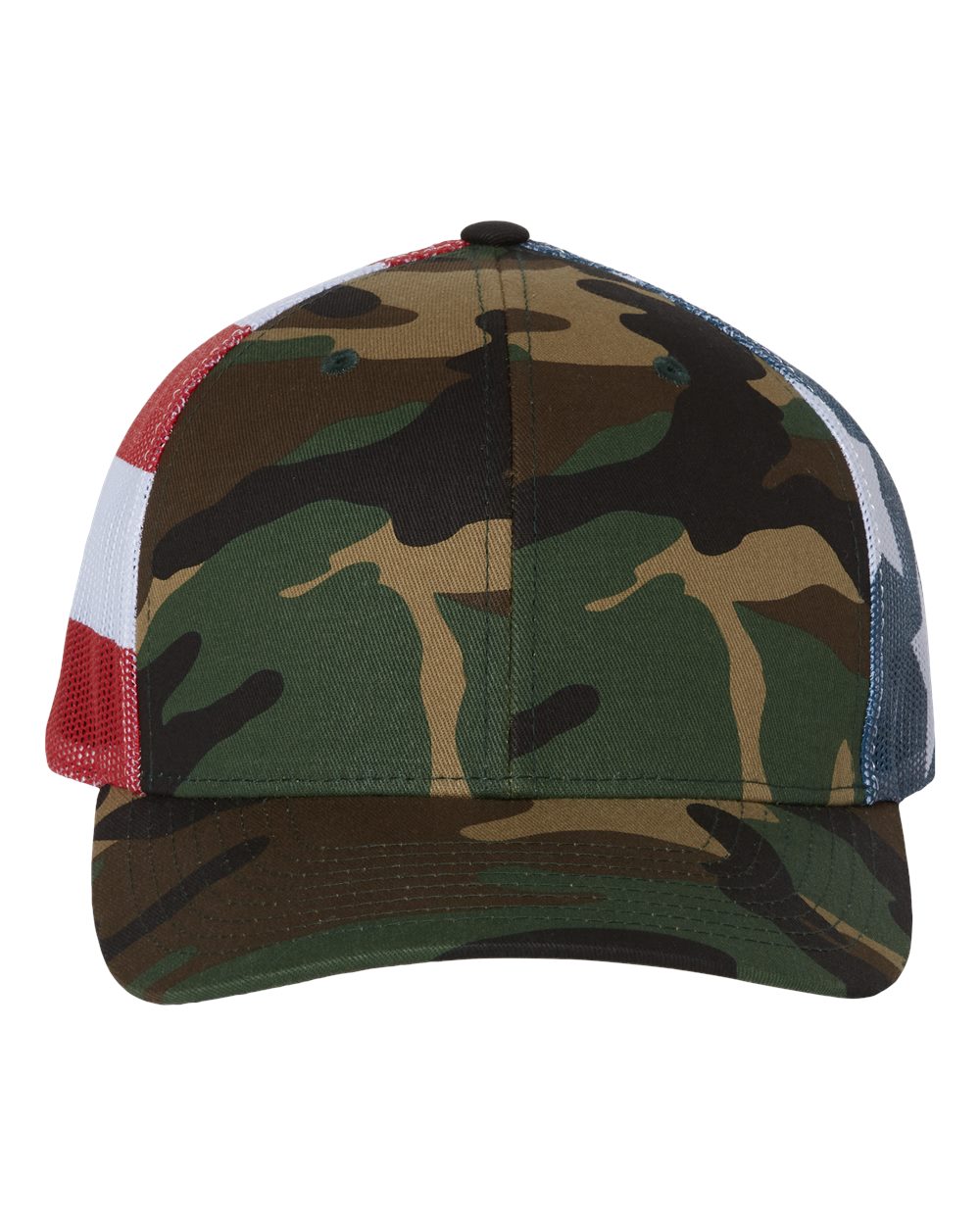Camouflage baseball cap with red and white mesh back on a white background