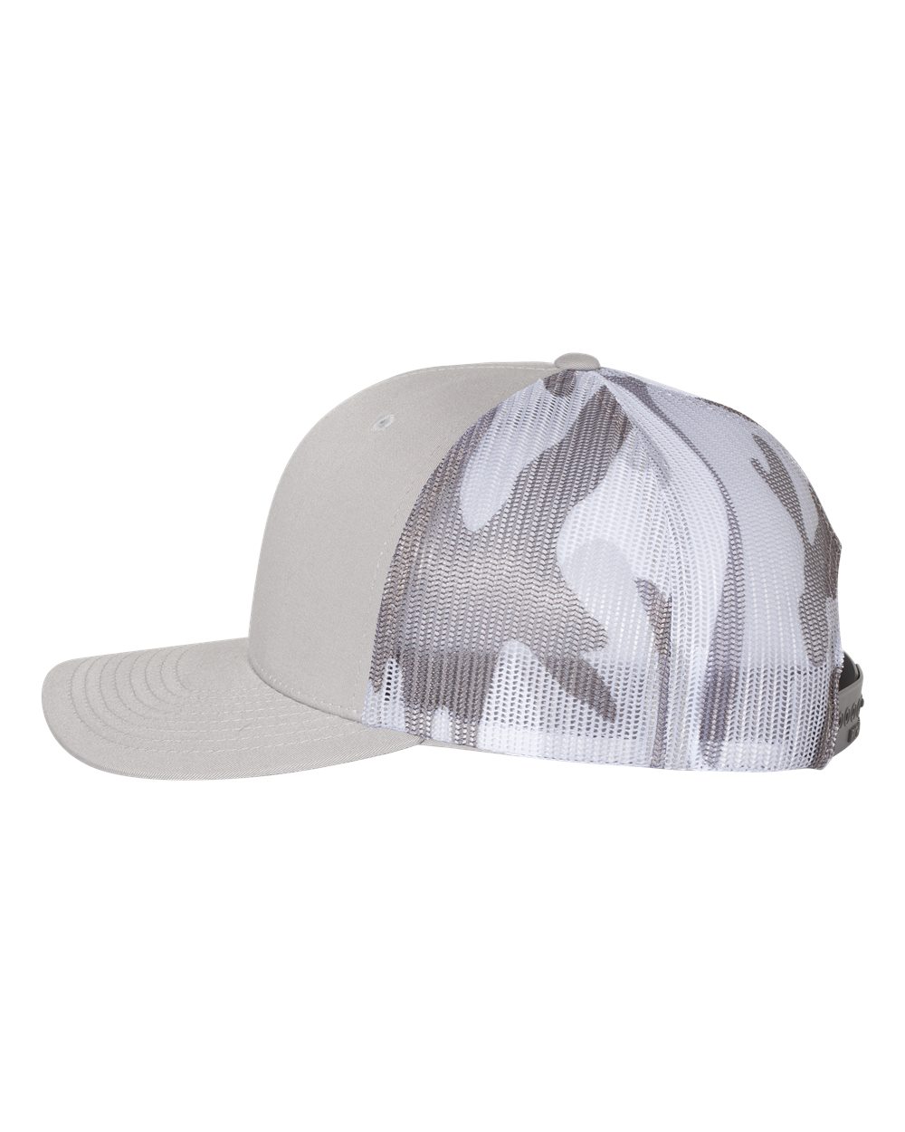 White cap with a gray and white patterned mesh back on a white background