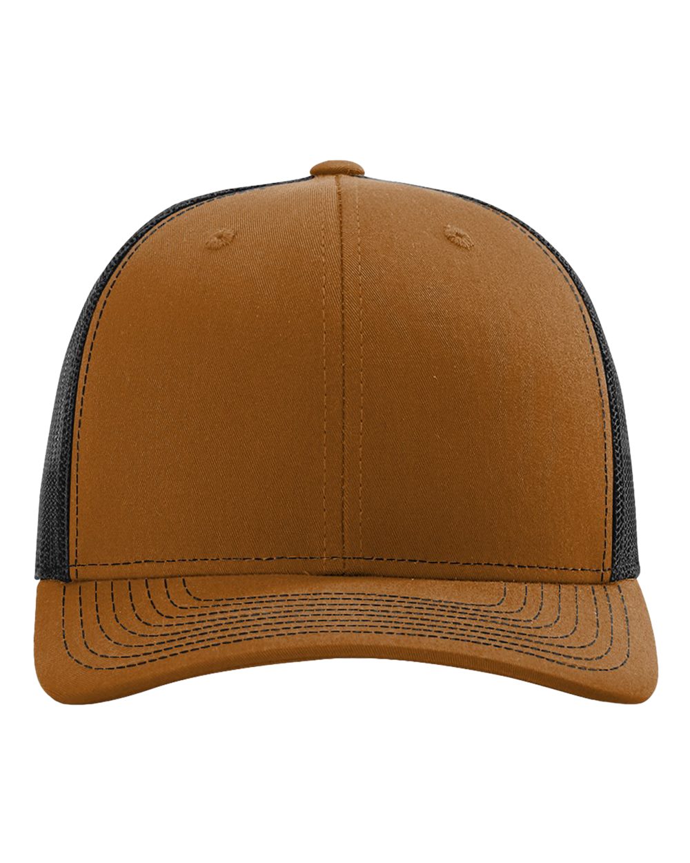 Brown trucker cap with black mesh back on a white background